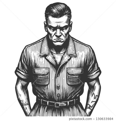 Tough Prisoner in Uniform engraving vector 130633984