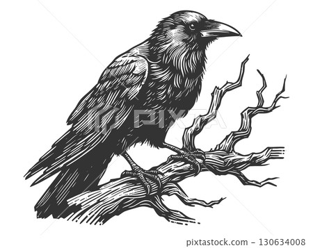 raven perched on branch raster illustration raven perched on branch raster illustration 130634008