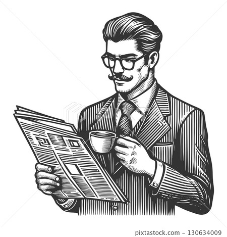 Businessman Reading Newspaper with Coffee raster Businessman Reading Newspaper with Coffee raster 130634009