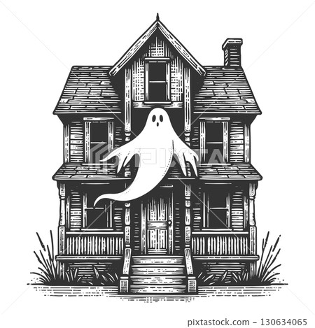 Haunted house with ghost raster illustration 130634065