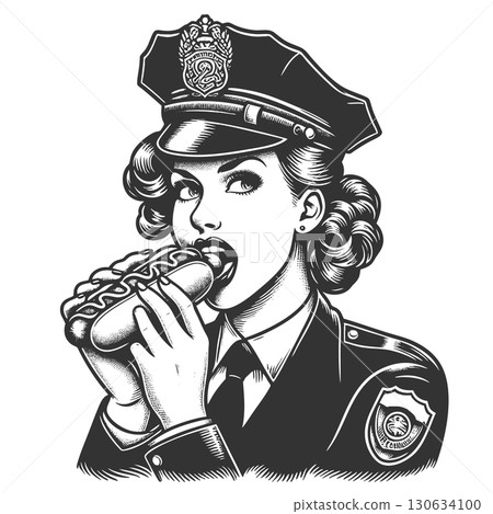 Policewoman Eating a Hot Dog engraving vector 130634100