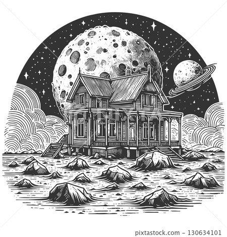Surreal House on Alien Planet with Moon vector 130634101
