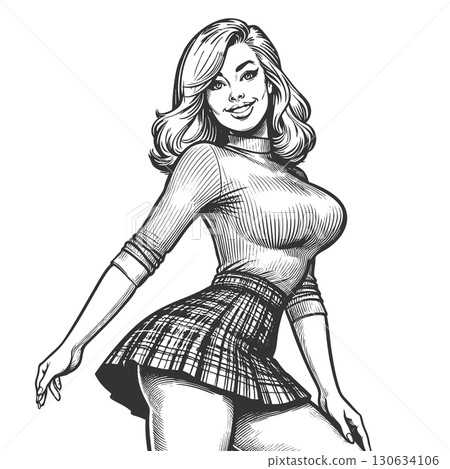 Pin-Up Woman in Plaid Skirt vector illustration 130634106
