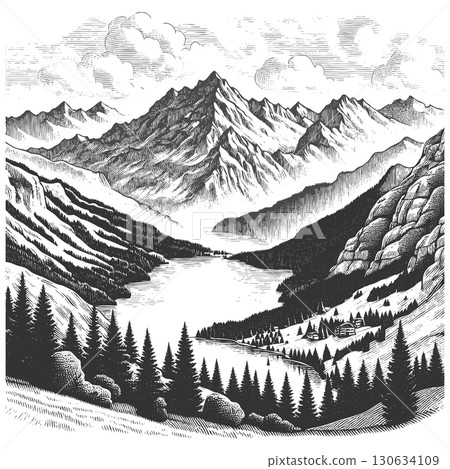 Scenic Alpine Lake with Mountain Village vector 130634109