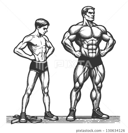 Skinny and Muscular Man engraving sketch vector 130634126