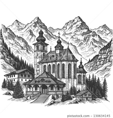 Mountain Monastery engraving vector illustration 130634145