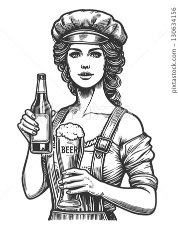 Woman Holding Beer Bottle Glass engraving vector 130634156