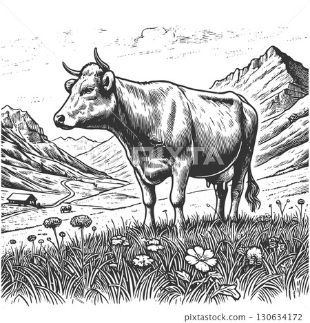 Grazing Cow in Mountain Landscape engraving vector 130634172