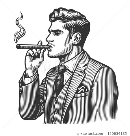 man smoking cigar engraving vector illustration 130634185