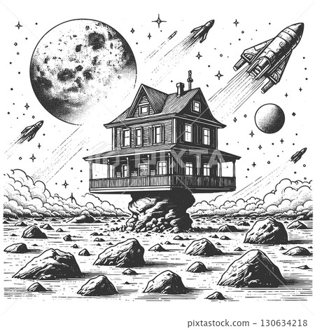 Surreal House on Alien Planet with Moon vector Surreal House on Alien Planet with Moon vector 130634218