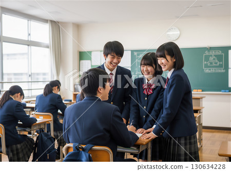 A moment of youth: Junior high school students chatting in a Japanese classroom 130634228