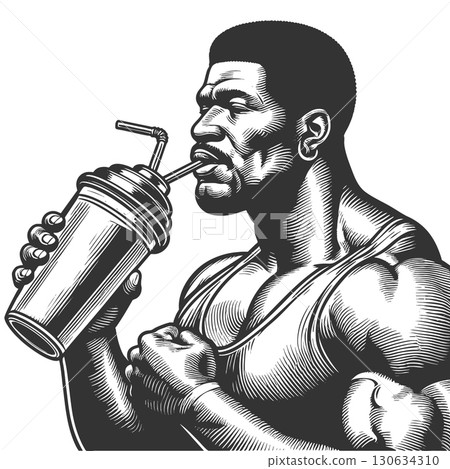 Muscular man drinking protein shake engraving Muscular man drinking protein shake engraving 130634310