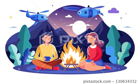 A drone's-eye view captures a joyful couple nestled beside a crackling campfire under a starlit sky. A drone's-eye view captures a joyful couple nestled beside a crackling campfire under a starlit sky. 130634332