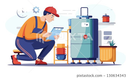 A skilled heating engineer meticulously examines a household gas boiler, assessing the problem. 130634343