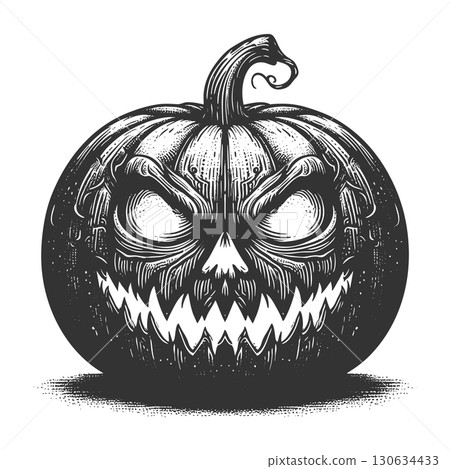 spooky Halloween pumpkin engraving sketch vector spooky Halloween pumpkin engraving sketch vector 130634433