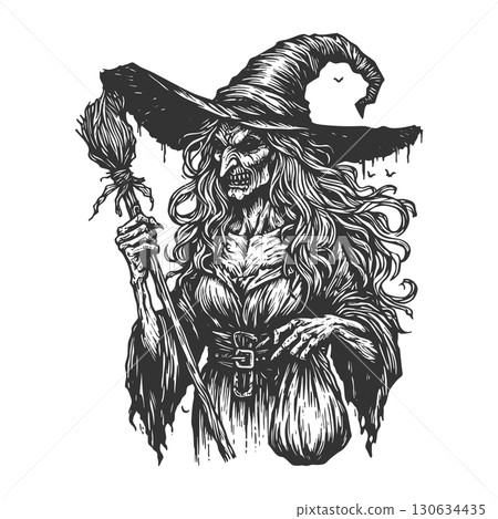 Scary witch with broomstick vector illustration Scary witch with broomstick vector illustration 130634435