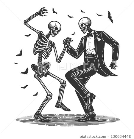 skeletons dancing in Halloween scene vector 130634448