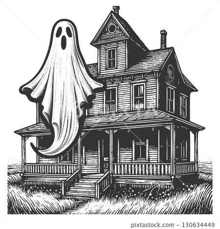 haunted house with ghost vector illustration 130634449