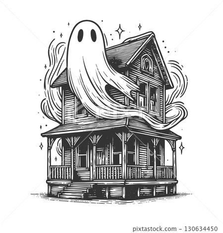 haunted house with ghost vector illustration 130634450