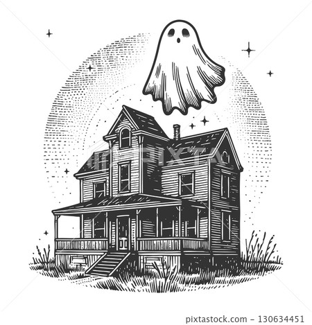Haunted farmhouse flying ghost raster illustration Haunted farmhouse flying ghost raster illustration 130634451