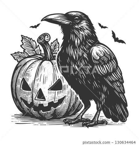 raven with jack-o-lantern pumpkin vector 130634464