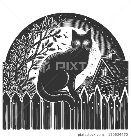 black cat on fence at night vector illustration 130634470
