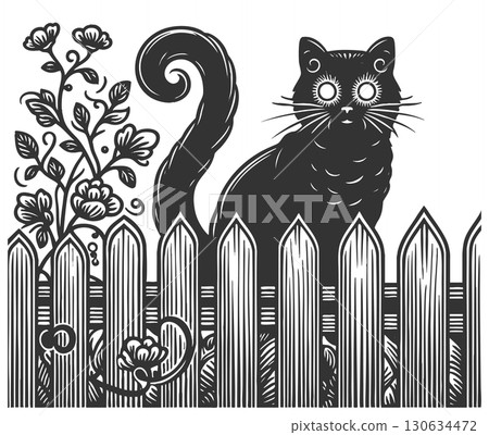 black cat on fence at night vector illustration 130634472