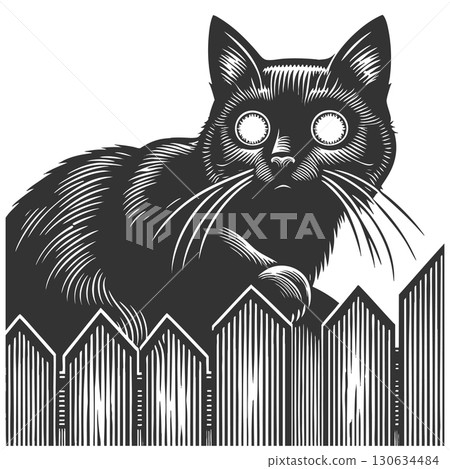 black cat on fence at night vector illustration 130634484
