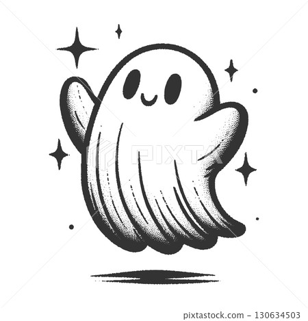 Cute happy ghost character engraving sketch vector 130634503