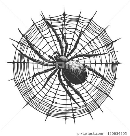 spider on web engraving sketch raster illustration 130634505