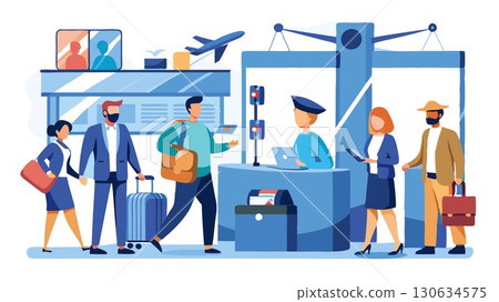 A chaotic yet efficient system, the airport security checkpoint processes a steady stream of travelers, ensuring safety and security. 130634575