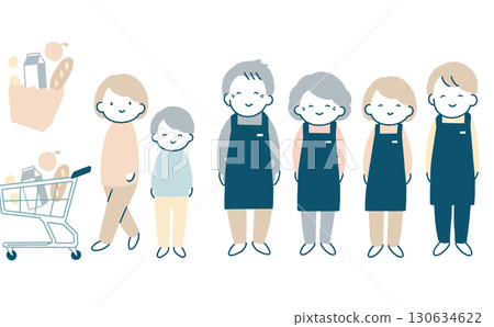 父母和孩子購物,商店員工微笑 父母和孩子購物,商店員工微笑 130634622