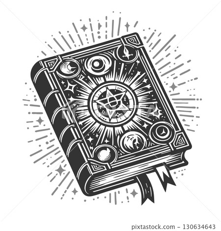 Mystical spellbook with symbols engraving raster 130634643