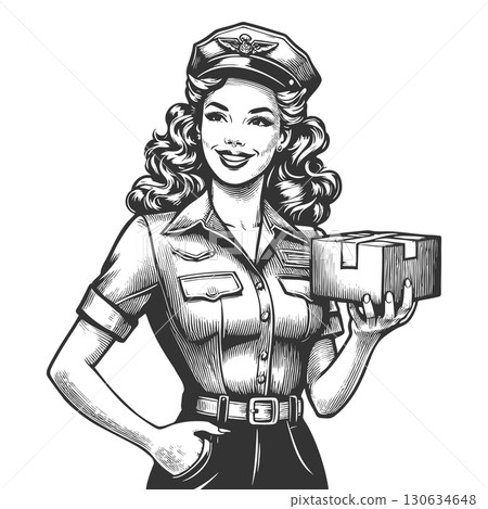 Retro Female Courier Holding Package vector 130634648