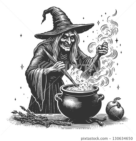 witch brewing potion cauldron vector illustration 130634650