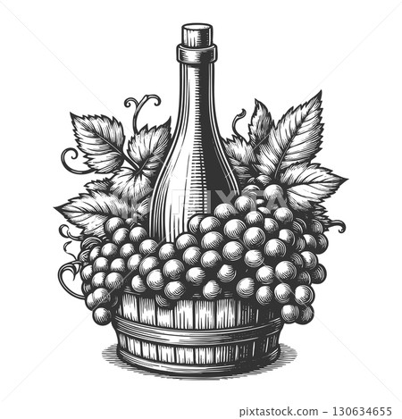 wine bottle with grapes and basket vector 130634655
