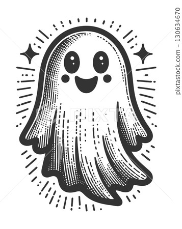 Cute happy ghost character engraving sketch raster Cute happy ghost character engraving sketch raster 130634670
