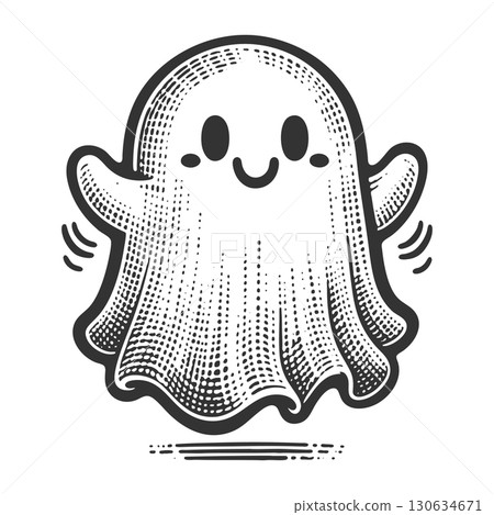 Cute happy ghost character engraving sketch raster Cute happy ghost character engraving sketch raster 130634671