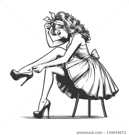 Pin-Up Woman Adjusting Heel vector illustration 130634673