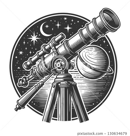telescope with night sky and planets sketch vector 130634679