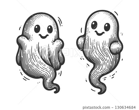 Cute happy ghost character engraving sketch vector 130634684