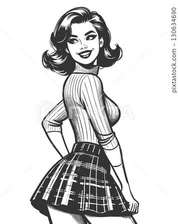 Pin-Up Woman in Plaid Skirt vector illustration 130634690