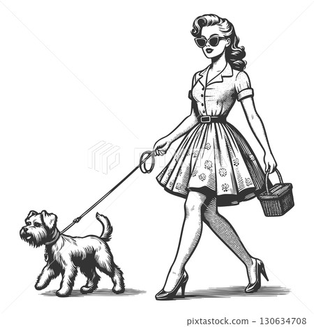 Woman Walking Dog in Stylish Dress sketch vector 130634708