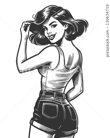 Pin-Up Woman in Shorts vector illustration 130634719