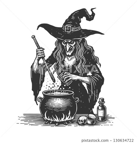 witch brewing potion cauldron vector illustration 130634722