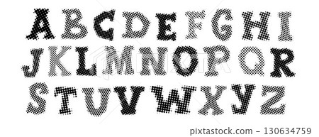 Black halftone alphabet. Retro pixelated uppercase font. Grunge textured dotted abc. Comic pop art style letters. Aged rasterized bitmap English alphabet. Old newspapers typography set. Vector 130634759