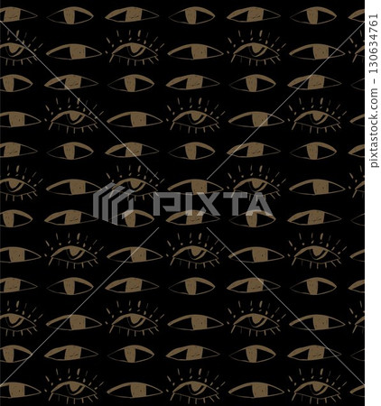 Seamless vector pattern with green and brown eyes on black background for creative design projects 130634761