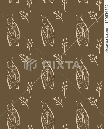 Seamless vector pattern with beige moths and branches on green and brown background for design projects Seamless vector pattern with beige moths and branches on green and brown background for design projects 130634762