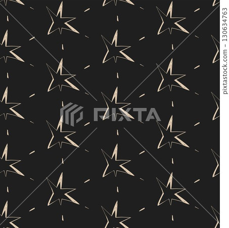 Seamless vector pattern with beige stars and lines on black background for creative design projects 130634763
