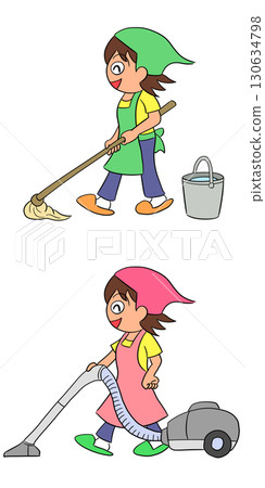 清潔女工拖把吸塵器插畫 130634798